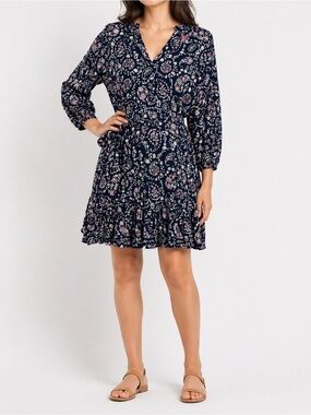 Tommy Hilfiger Paisley Belted Shift Dress Long Sleeve V-Neck Navy M NWOT